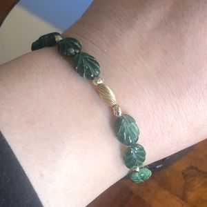 Vintage hand carved leaf nephrite jade gold filled bracelet